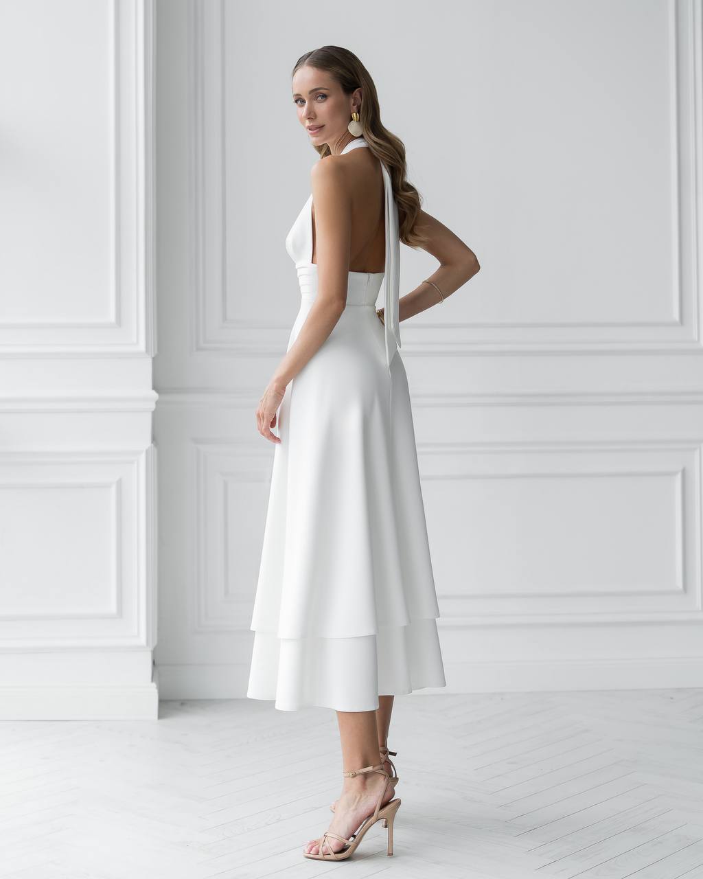 Elegant White Halter Neck Premium Crepe Dress for Women