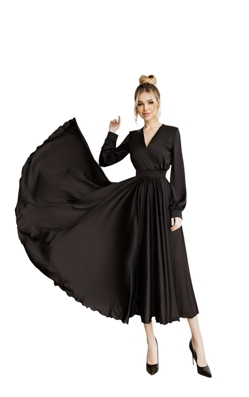 Woman wearing a black dress with a long train on a white background