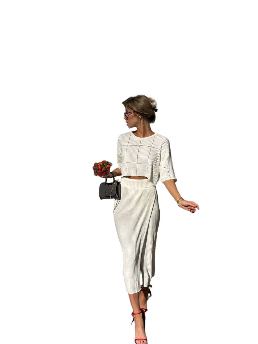 Elegant White Nika Suit for Women with Skirt and Crop Top