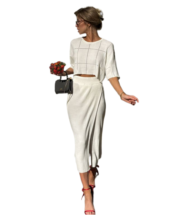 Elegant White Nika Suit for Women with Skirt and Crop Top