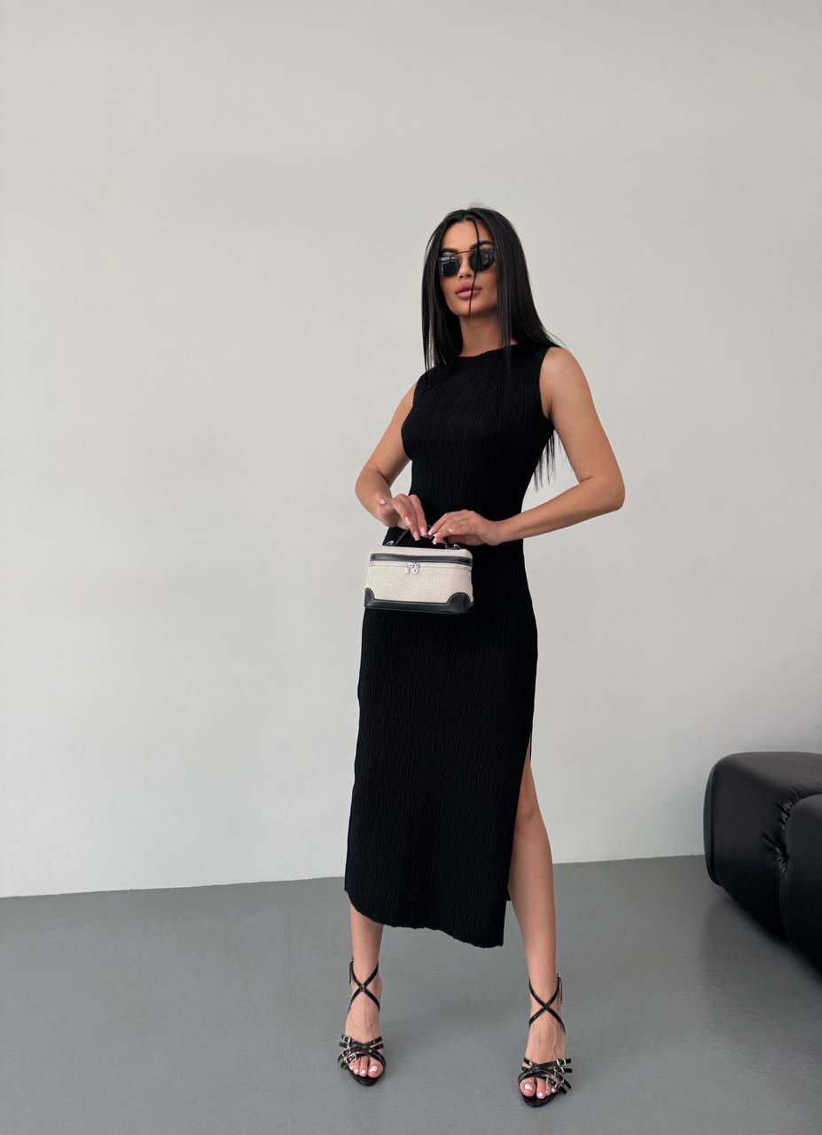 Greta Black Sleeveless Midi Dress with Side Slit for Women