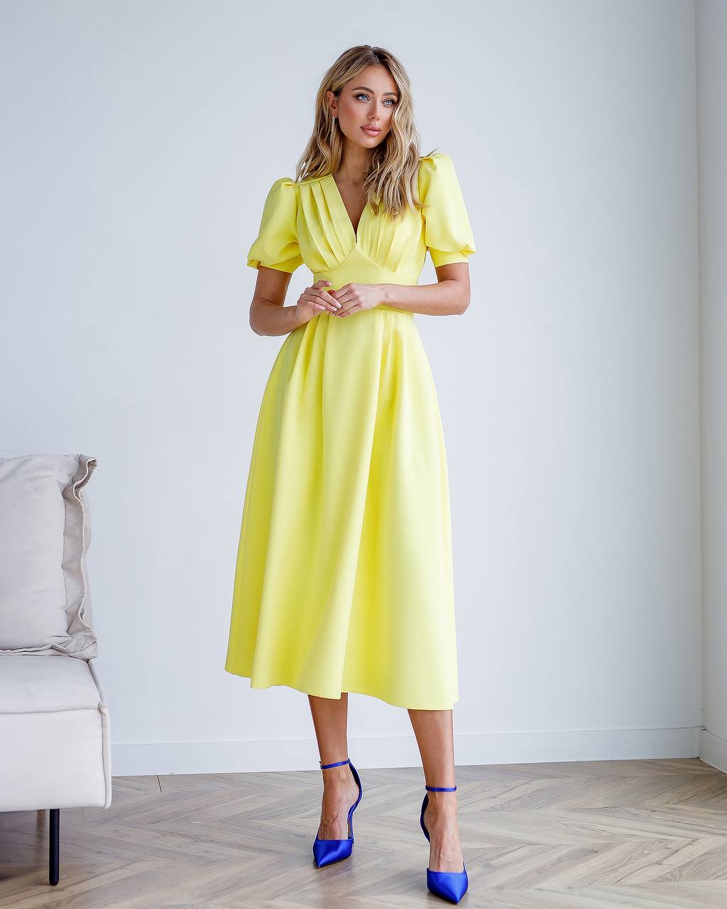 Elegant Yellow Midi Dress Women Premium Crepe Fabric