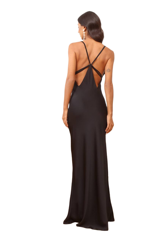 Black evening gown with open back on a white background
