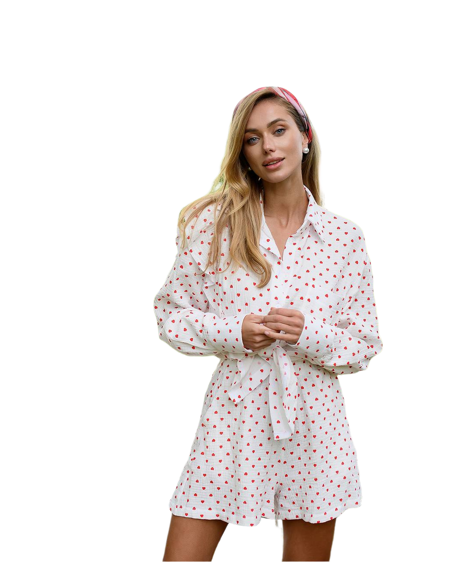 Womens Muslin Shirt And Shorts Set with Heart Print