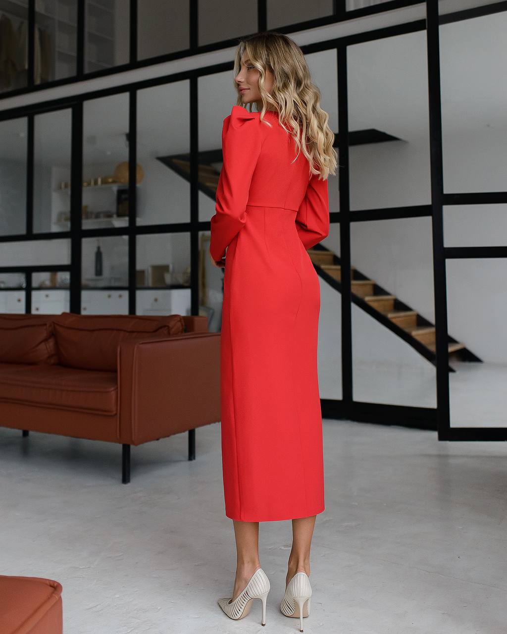 Womens Elegant Midi Dress in Premium Crepe Fabric with Long Sleeves