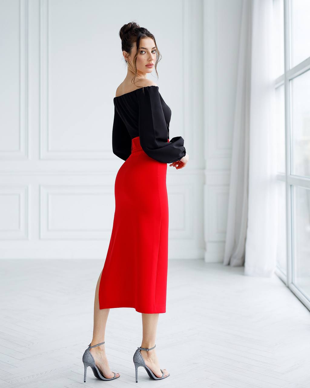 Premium Diagonal Suiting Crepe Red Midi Skirt with Belt