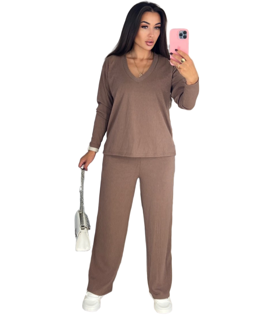 Stylish Brown Women's Two-Piece Lounge Set Turkish Knit Fabric