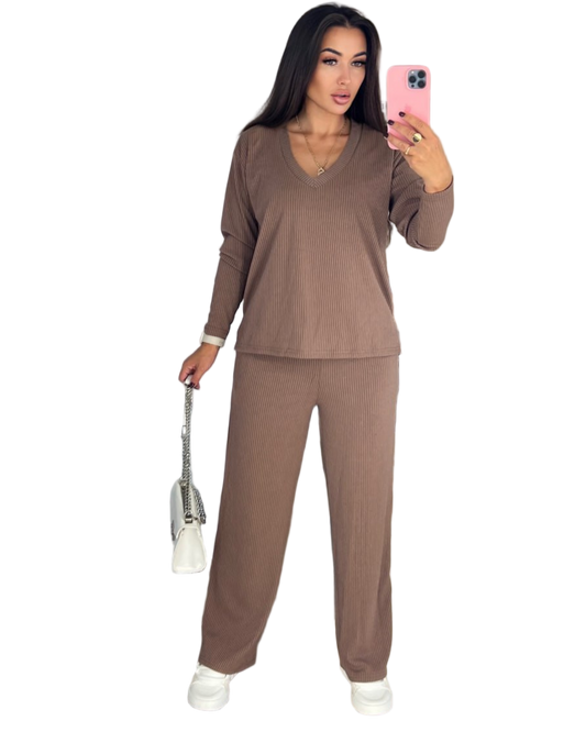 Stylish Brown Women's Two-Piece Lounge Set Turkish Knit Fabric