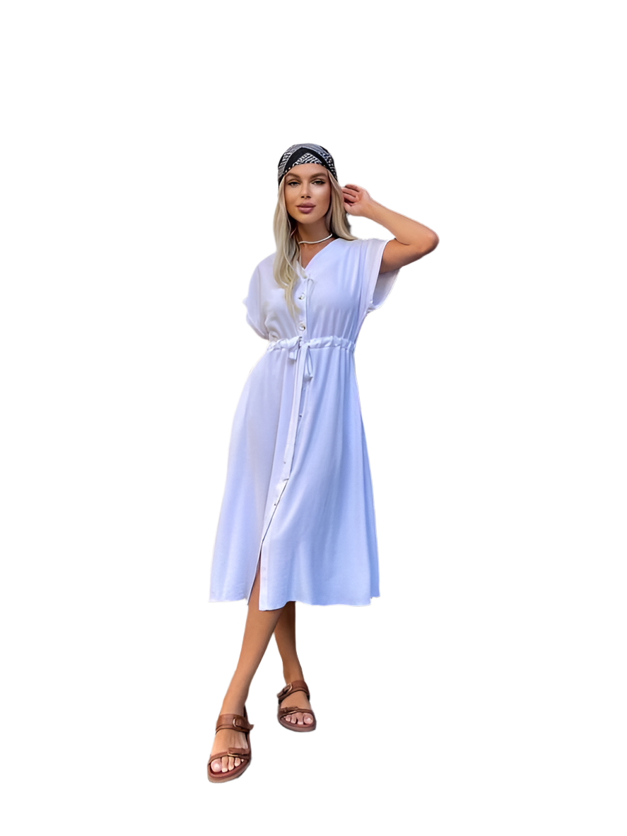 Lightweight White Midi Dress with Drawstring Waist