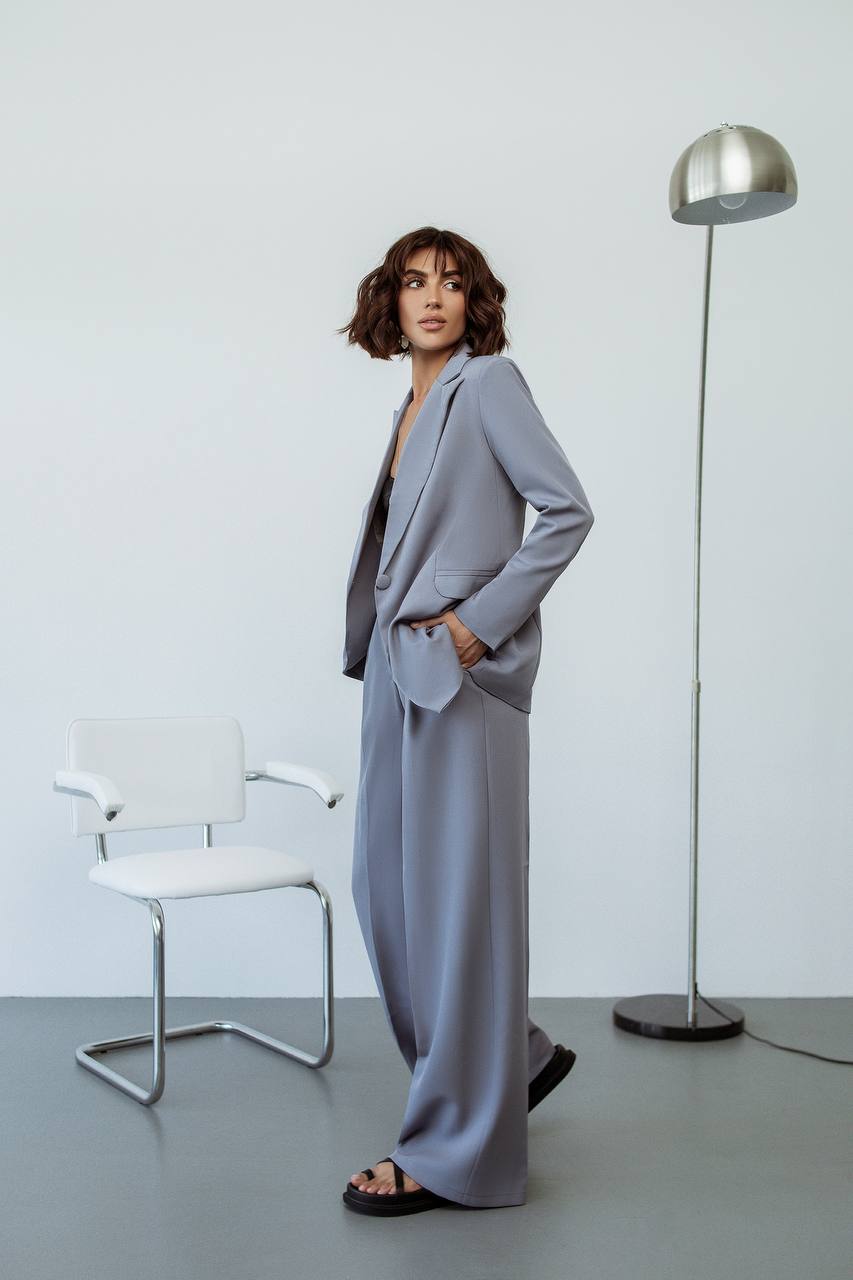 Gray Palazzo Suit Women Diagonal Crepe Tailored Blazer and Wide Leg Trousers