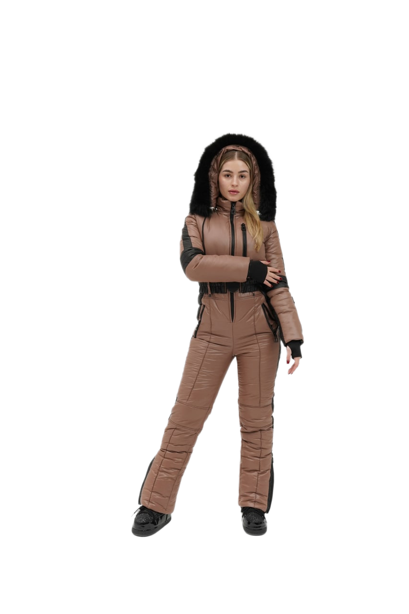 Person wearing a brown snowsuit with black accents on a white background