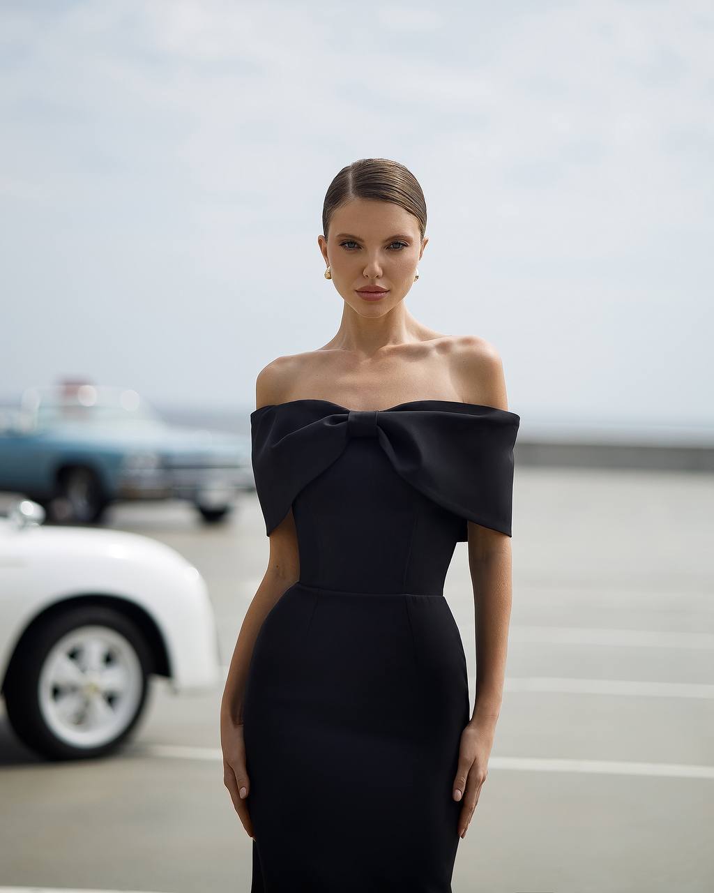 Elegant Off-Shoulder Black Midi Dress with Corset Detail