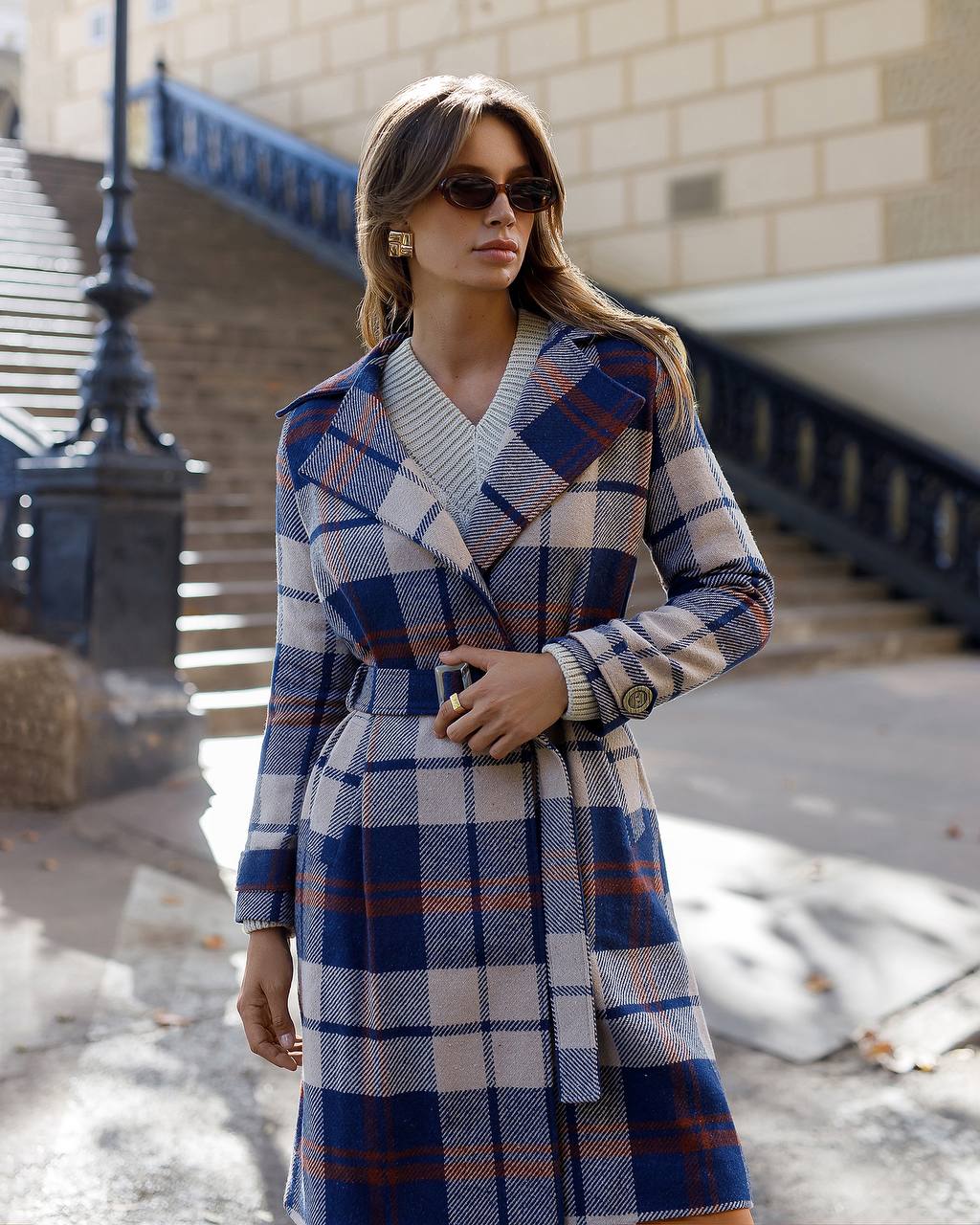 Womens Long Blue Plaid Turkish Coat