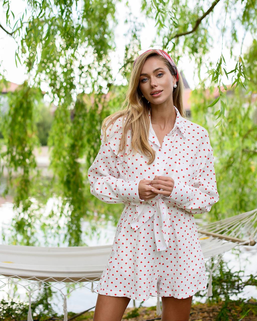 Womens Muslin Shirt And Shorts Set with Heart Print
