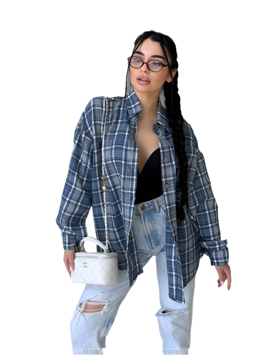 Trendy Loose Fit Blue Plaid Shirt in Turkish Flannel