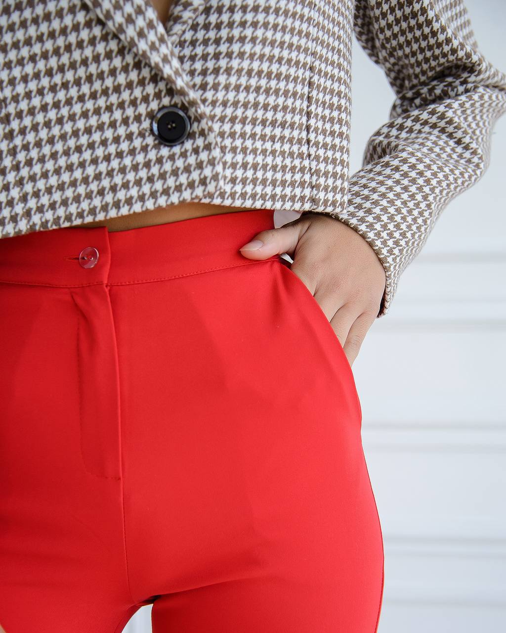 Person wearing a houndstooth patterned jacket and red pants on a white background