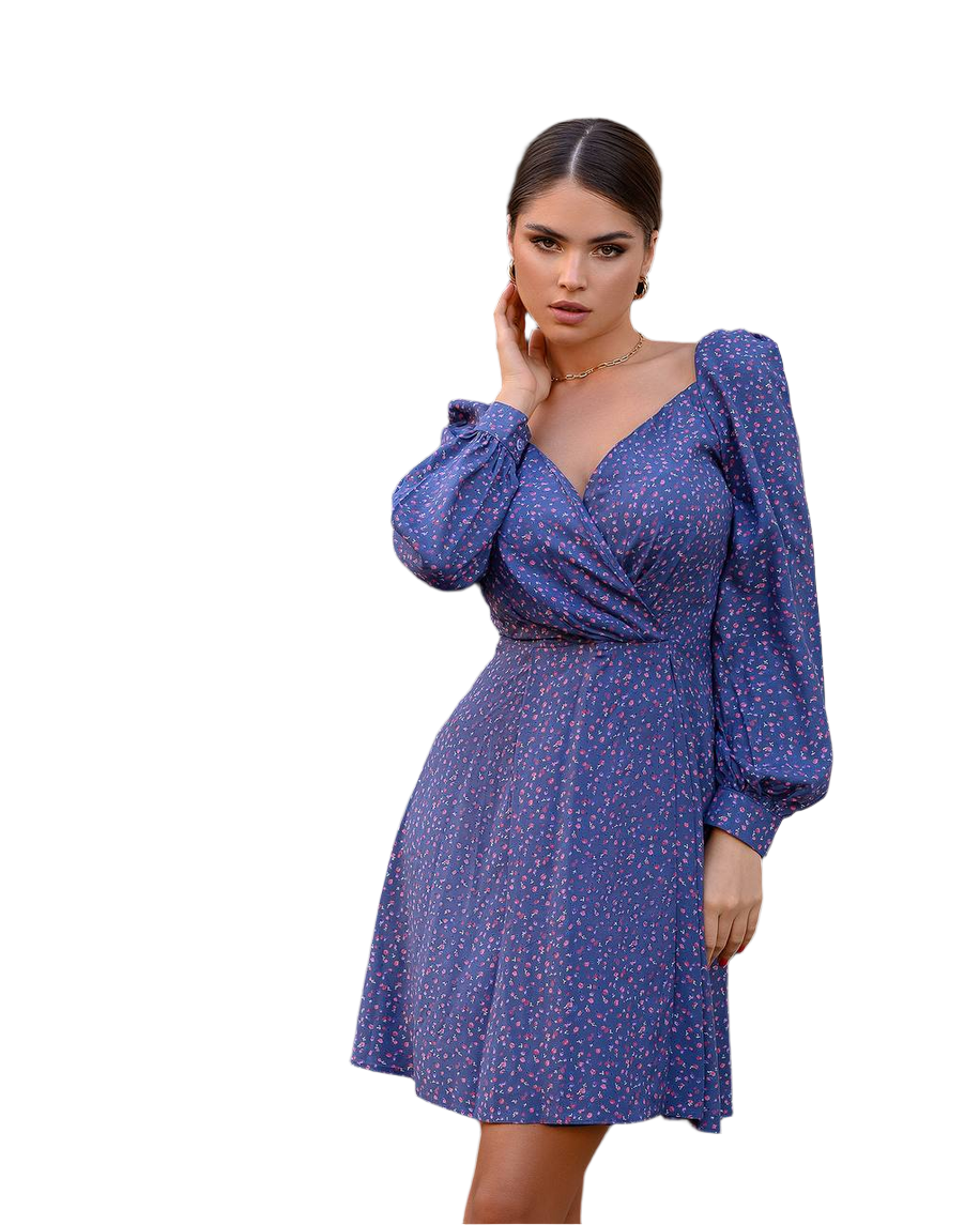 Floral Print Staple Dress with Long Sleeves in Blue