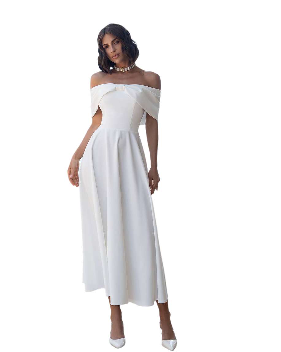 Elegant Off Shoulder Midi Dress in Premium Suit Cream Diagonal Fabric
