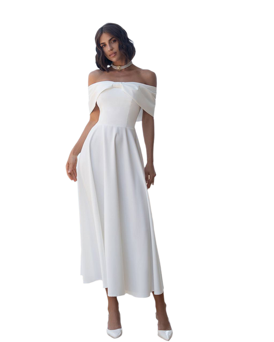 Elegant Off Shoulder Midi Dress in Premium Suit Cream Diagonal Fabric