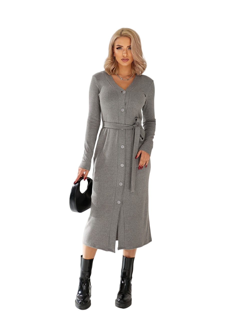 Gray Knit Midi Dress Long Sleeve Button Front Belted Viscose Blend