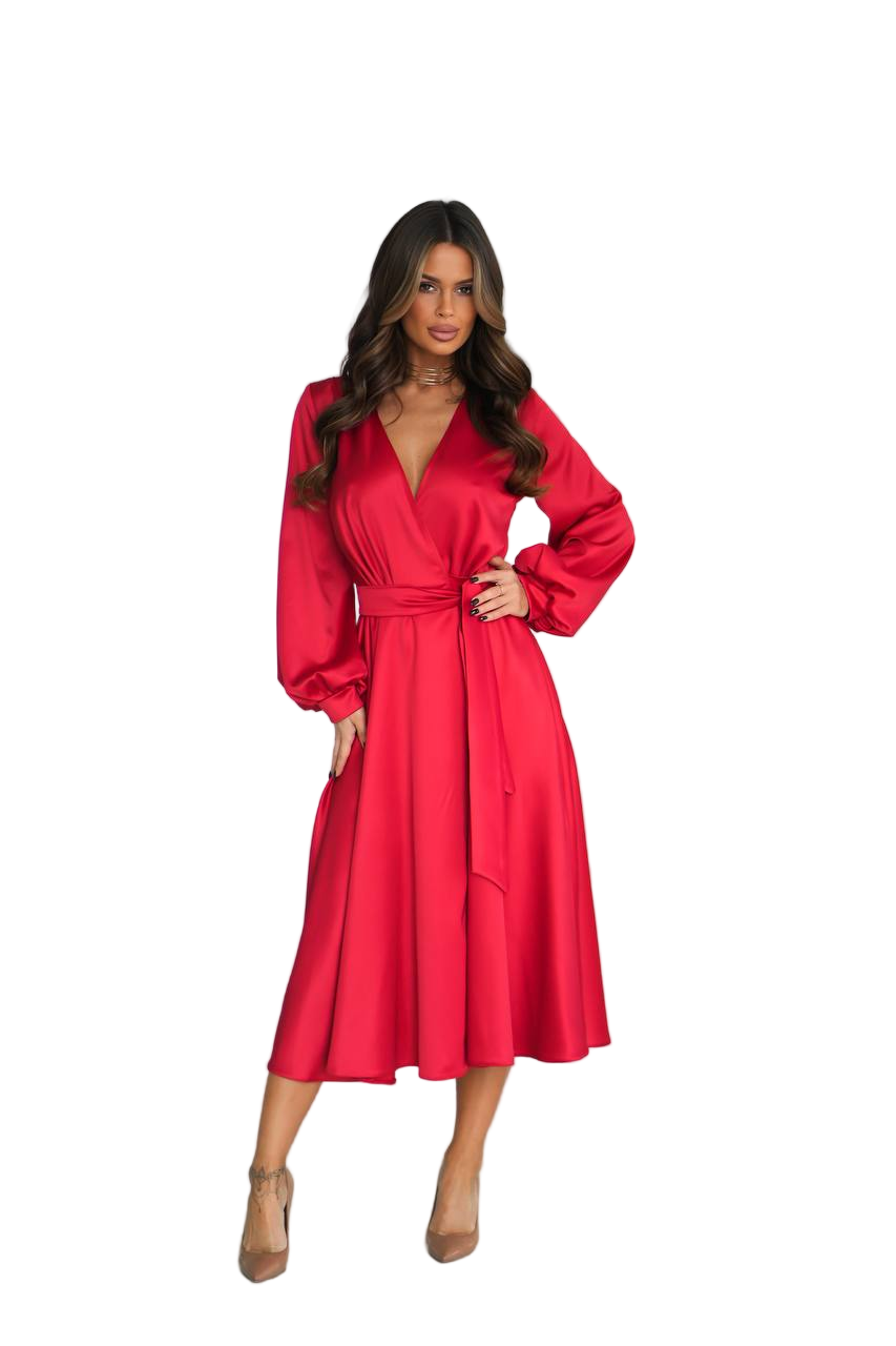Red Satin Wrap Dress Deep V Neck Long Sleeve Midi Dress