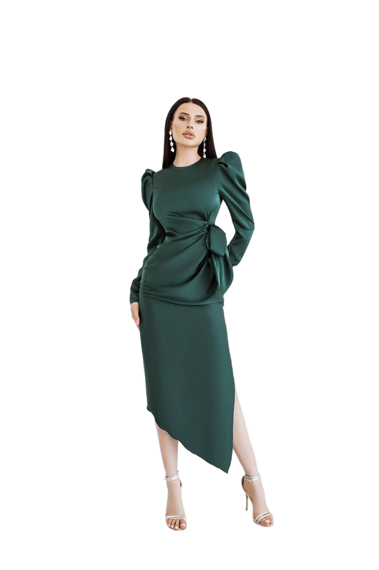 Emerald Satin Midi Dress Puff Sleeve Asymmetric Hem Bow Waist Double Sided Satin
