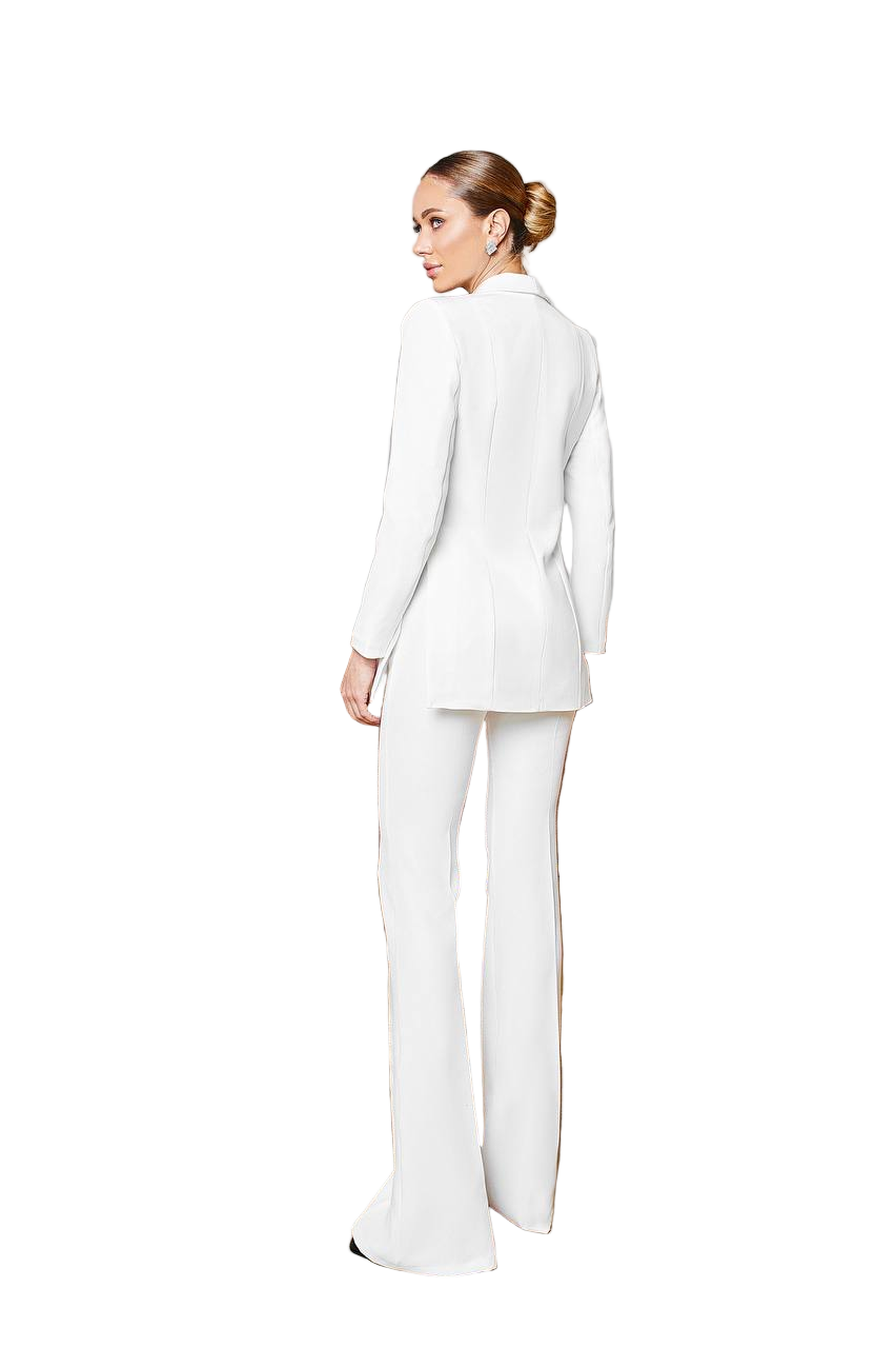 Woman wearing a white suit on a white background