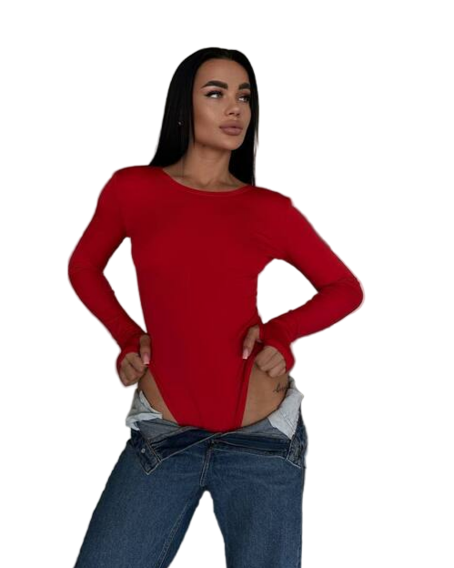 Womens Red Long Sleeve Bodysuit Microdive Fabric