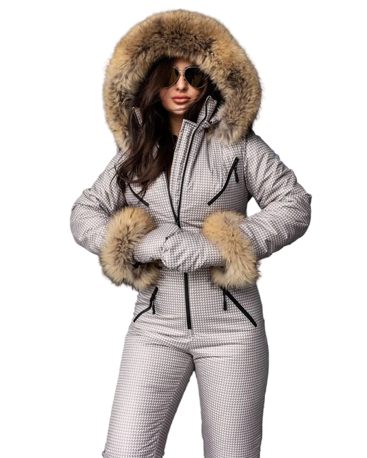 Beige Milk Houndstooth Women And Kids Ski Jumpsuit with Bag Mittens and Suspenders Insulated Winter Snow Suit