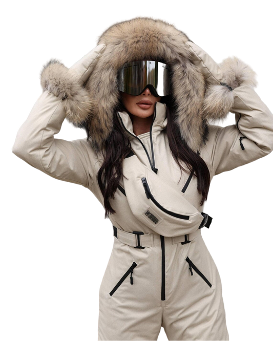 Beige Women And Kids Ski Jumpsuit with Belt Mittens and Bag Insulated Winter Snow Suit