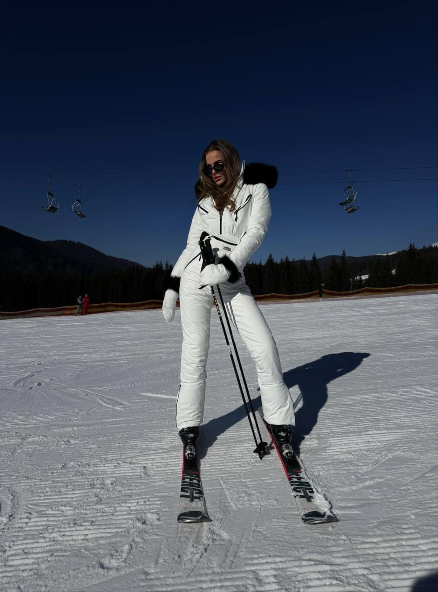 White Women And Kids Ski Jumpsuit with Belt Mittens and Bag Insulated Winter Snow Suit