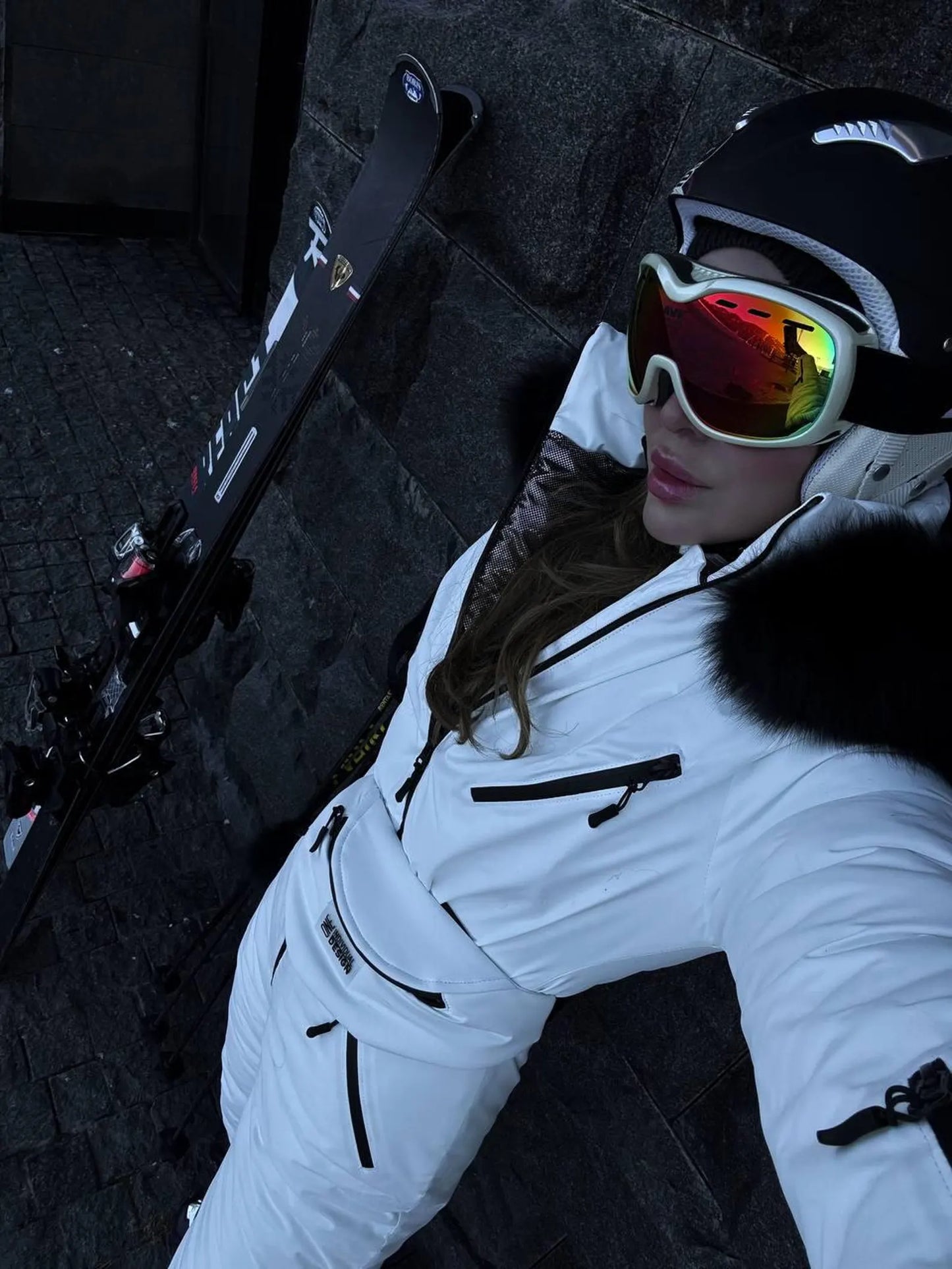 White Women And Kids Ski Jumpsuit with Belt Mittens and Bag Insulated Winter Snow Suit