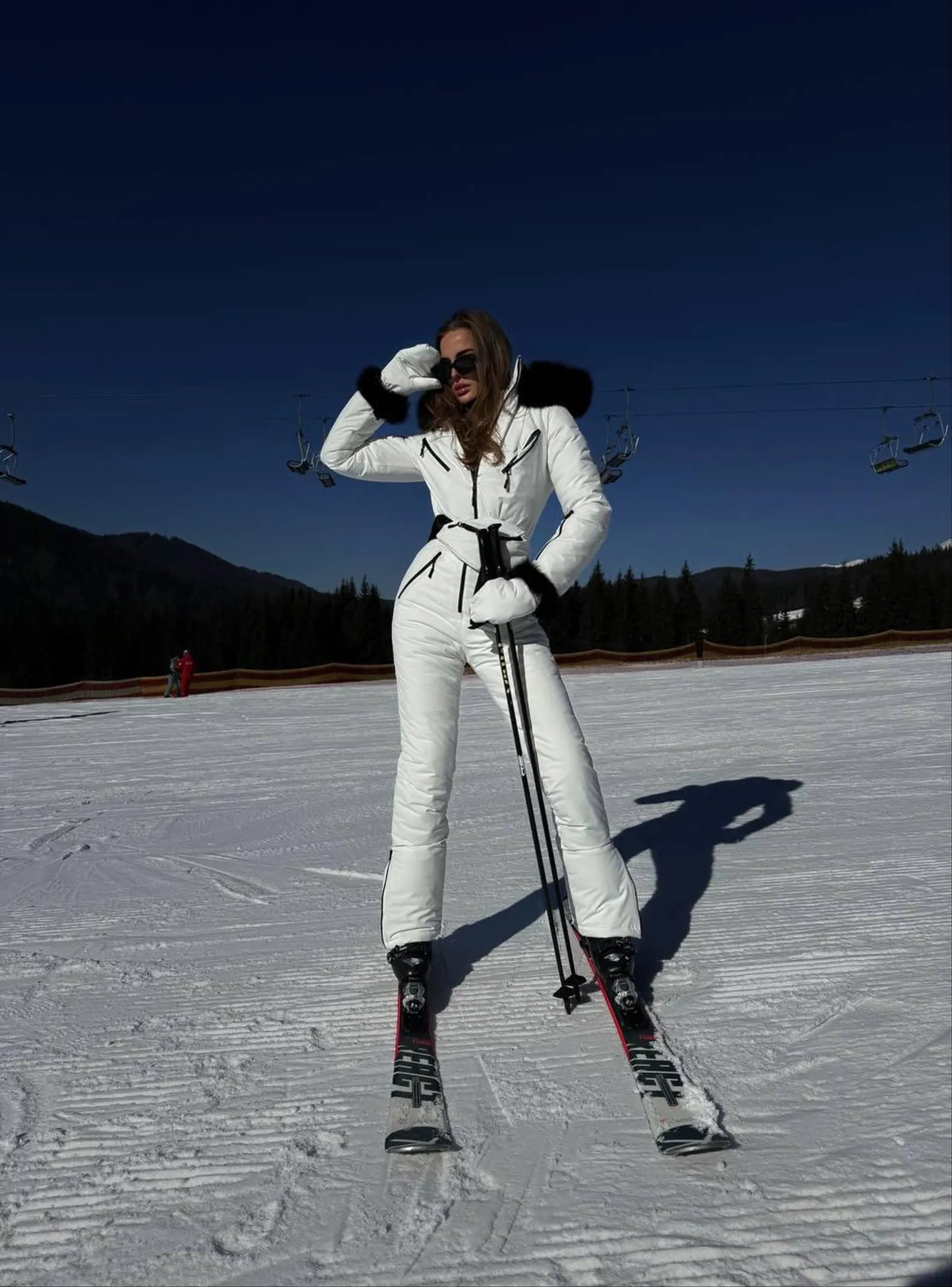 White Women And Kids Ski Jumpsuit with Belt Mittens and Bag Insulated Winter Snow Suit