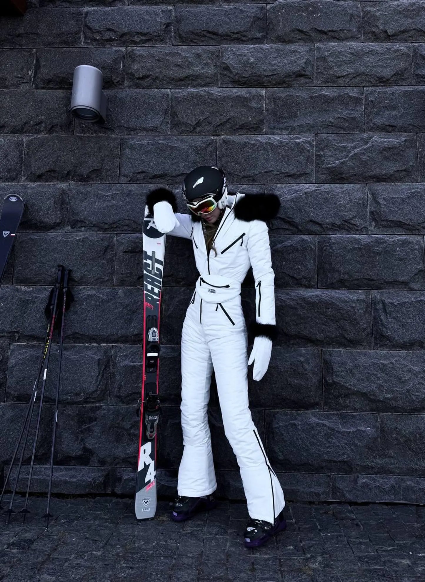 White Women And Kids Ski Jumpsuit with Belt Mittens and Bag Insulated Winter Snow Suit
