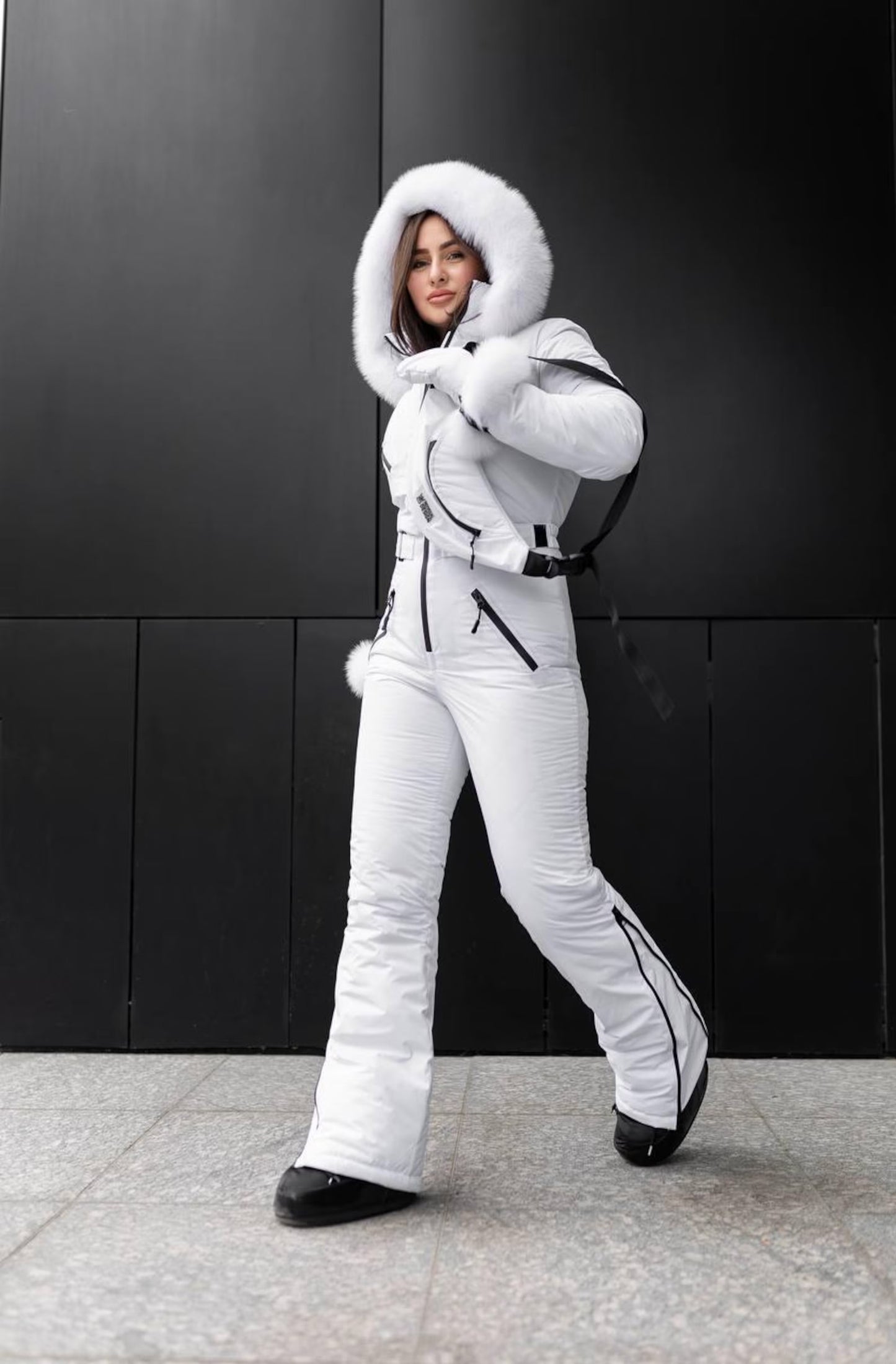 White Women And Kids Ski Jumpsuit with Belt Mittens and Bag Insulated Winter Snow Suit