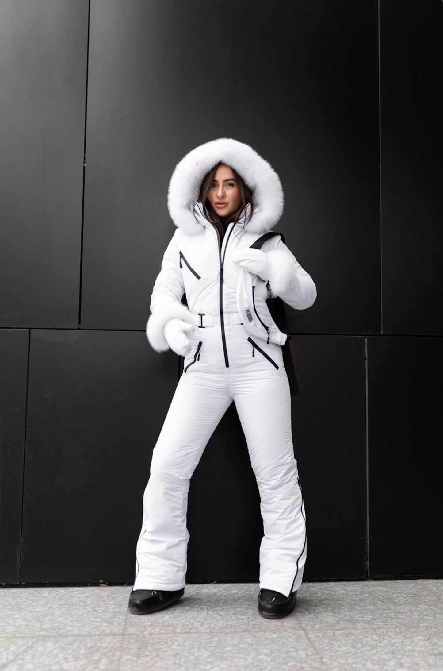 White Women And Kids Ski Jumpsuit with Belt Mittens and Bag Insulated Winter Snow Suit