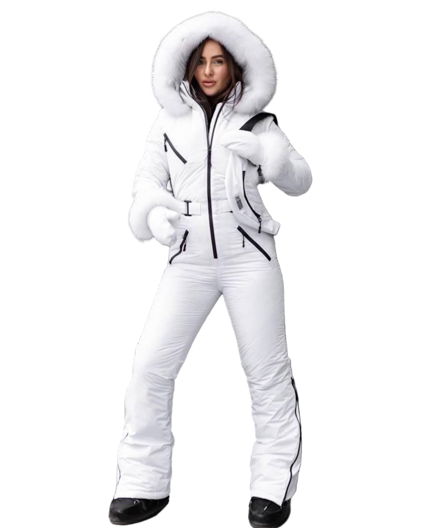 White Women And Kids Ski Jumpsuit with Belt Mittens and Bag Insulated Winter Snow Suit