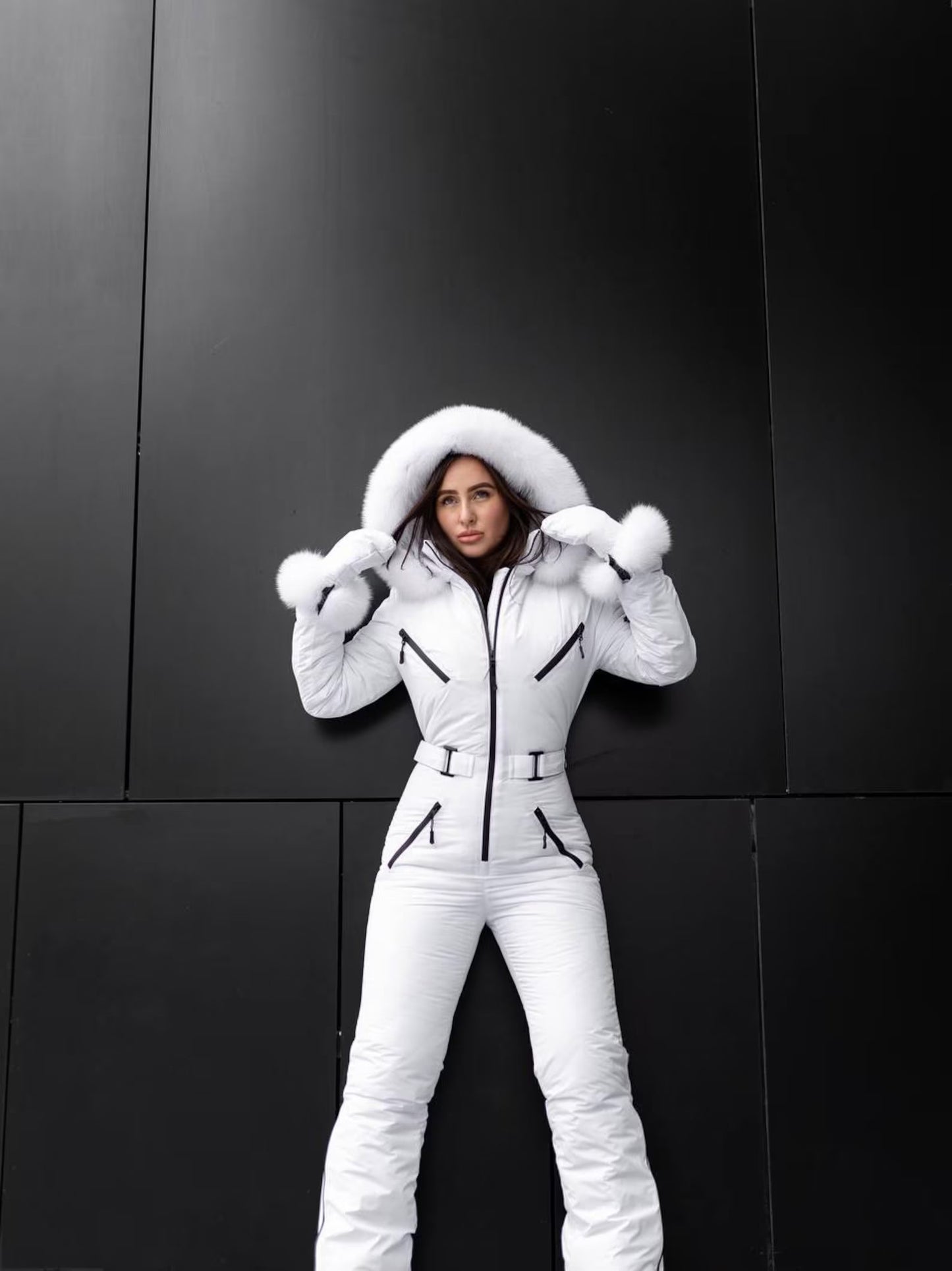White Women And Kids Ski Jumpsuit with Belt Mittens and Bag Insulated Winter Snow Suit