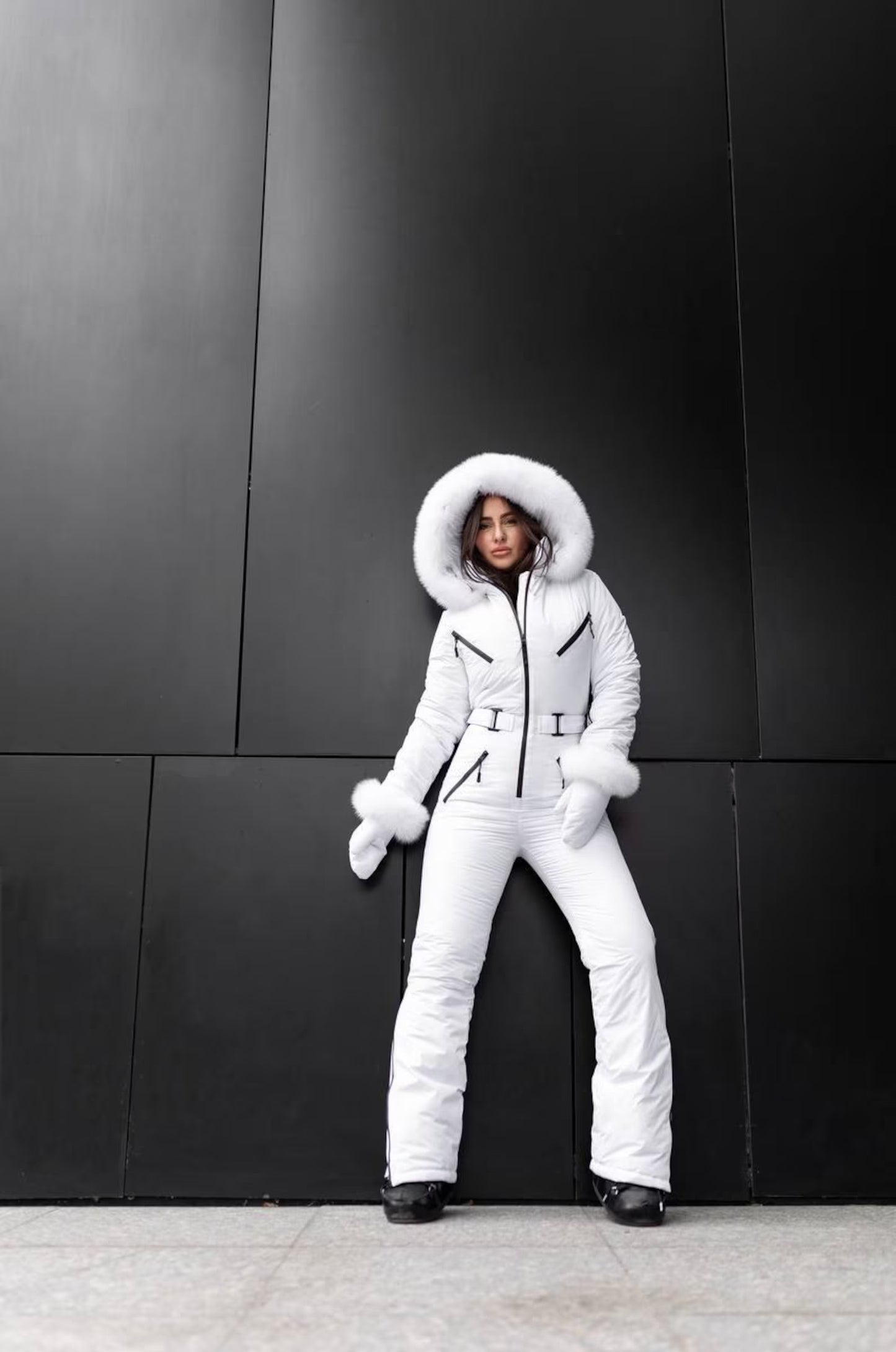 White Women And Kids Ski Jumpsuit with Belt Mittens and Bag Insulated Winter Snow Suit