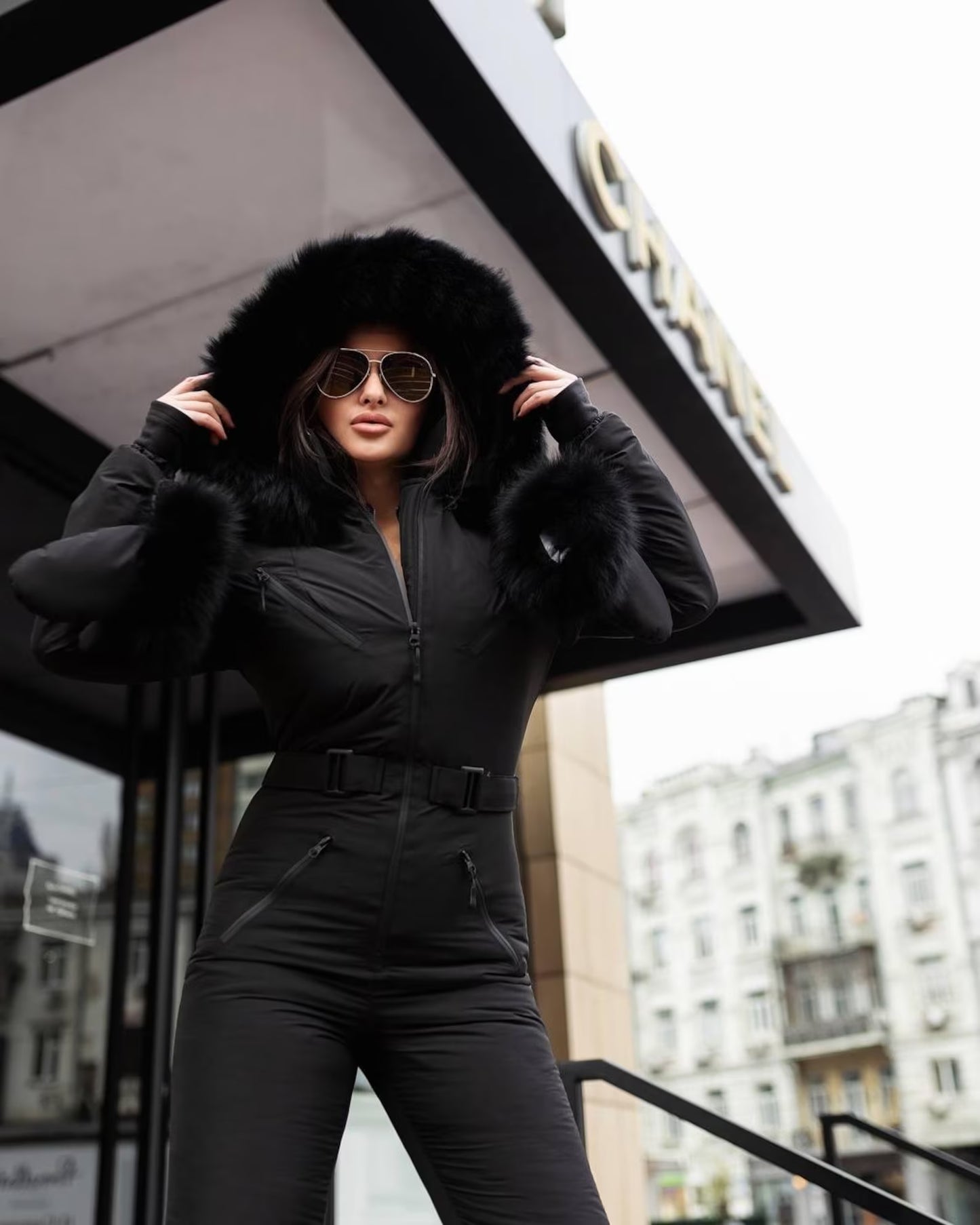 Black Women And Kids Ski Jumpsuit with Belt Mittens and Bag Insulated Winter Snow Suit