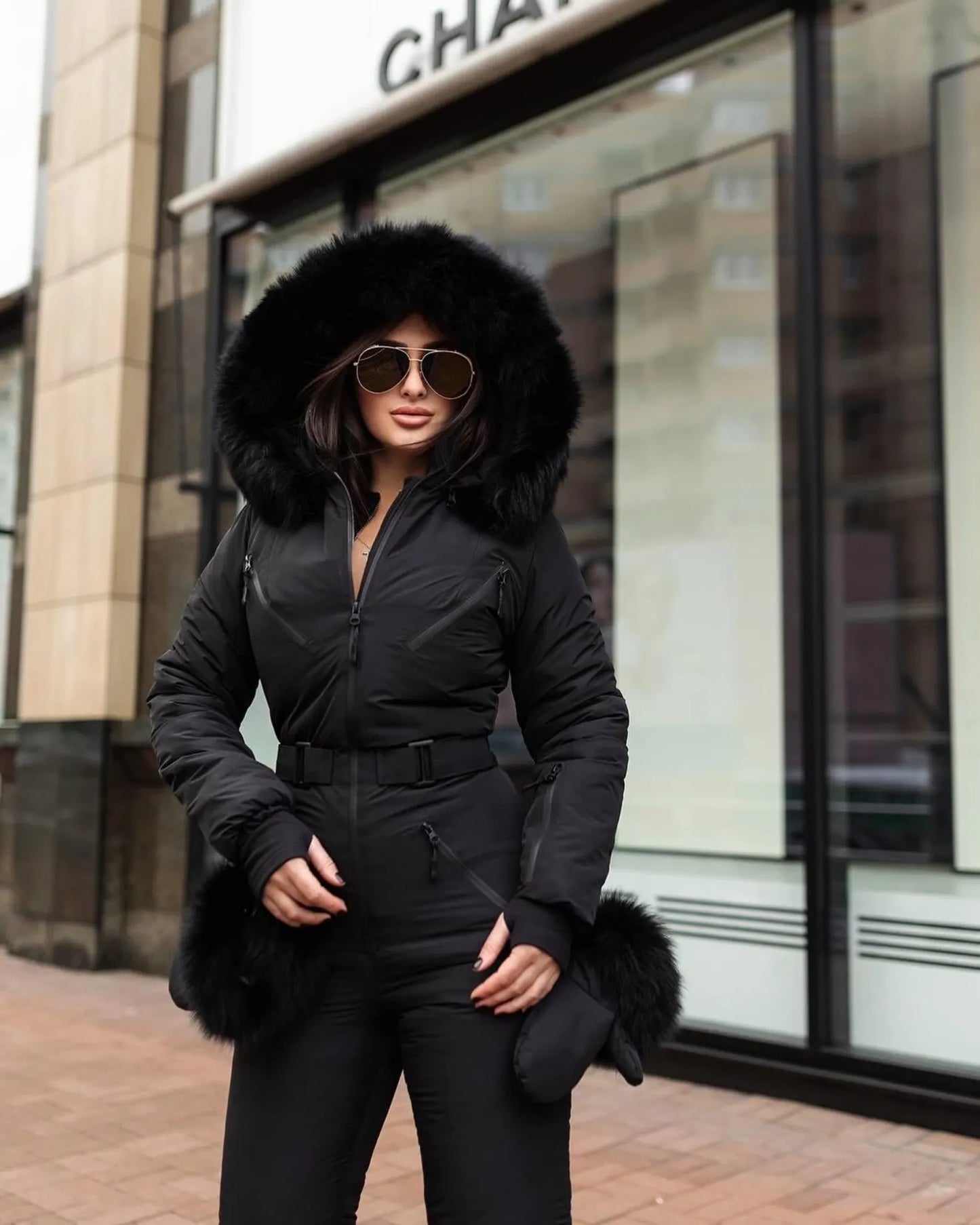 Black Women And Kids Ski Jumpsuit with Belt Mittens and Bag Insulated Winter Snow Suit