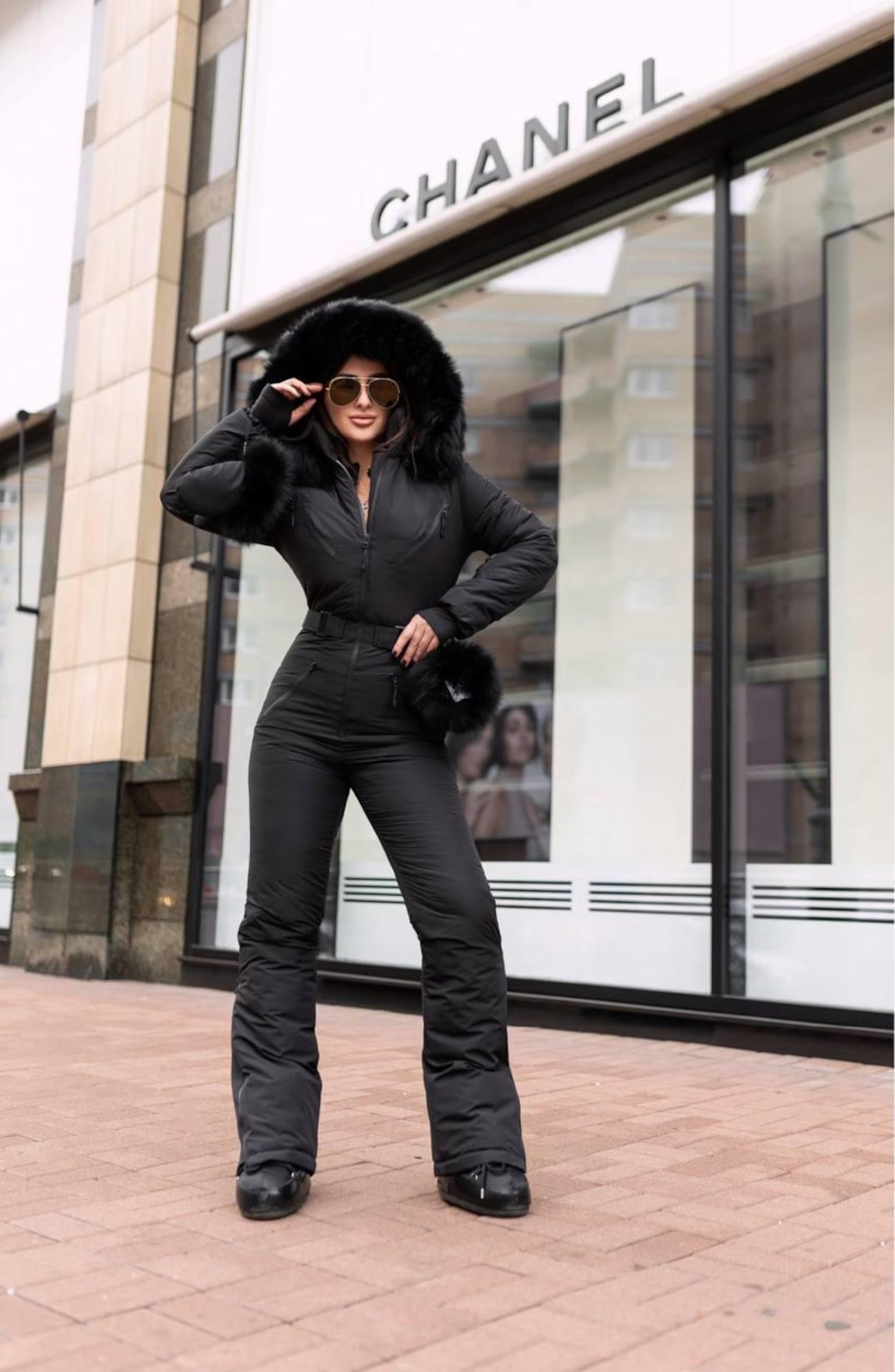 Black Women And Kids Ski Jumpsuit with Belt Mittens and Bag Insulated Winter Snow Suit