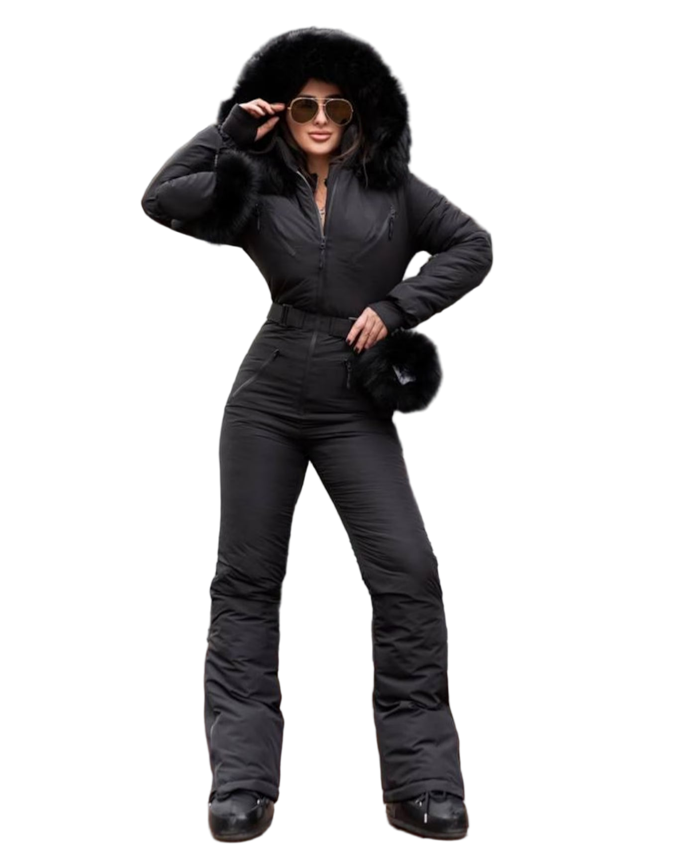 Black Women And Kids Ski Jumpsuit with Belt Mittens and Bag Insulated Winter Snow Suit