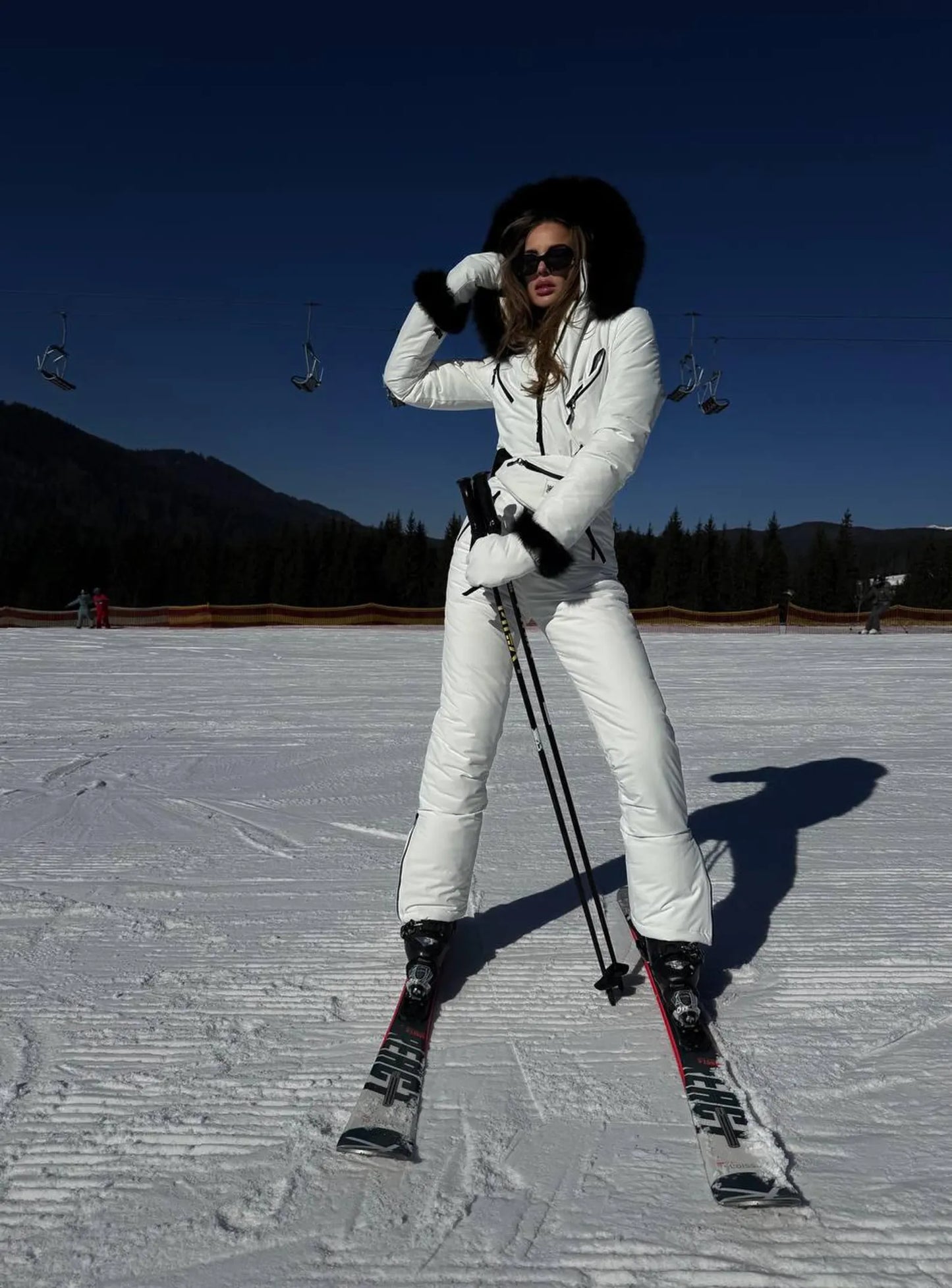 White Women And Kids Ski Jumpsuit with Belt Mittens and Bag Insulated Winter Snow Suit