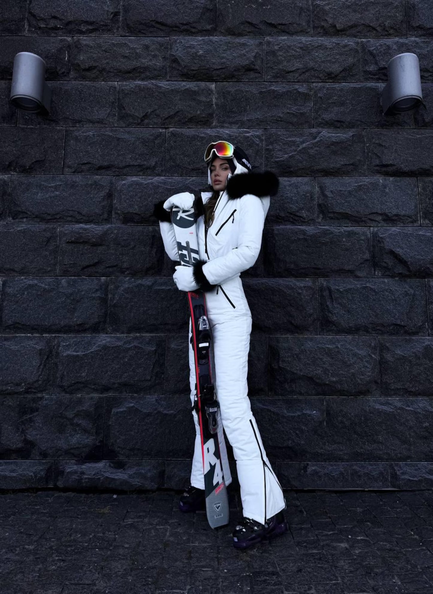 White Women And Kids Ski Jumpsuit with Belt Mittens and Bag Insulated Winter Snow Suit