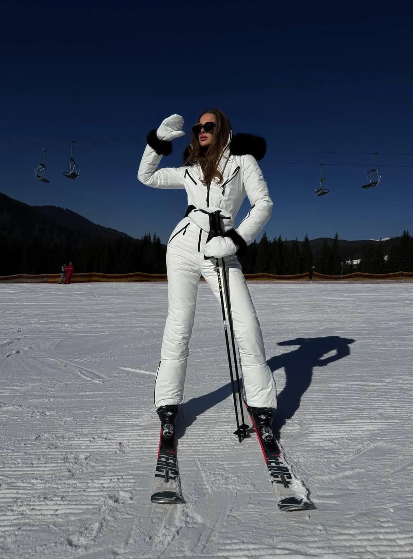 White Women And Kids Ski Jumpsuit with Belt Mittens and Bag Insulated Winter Snow Suit