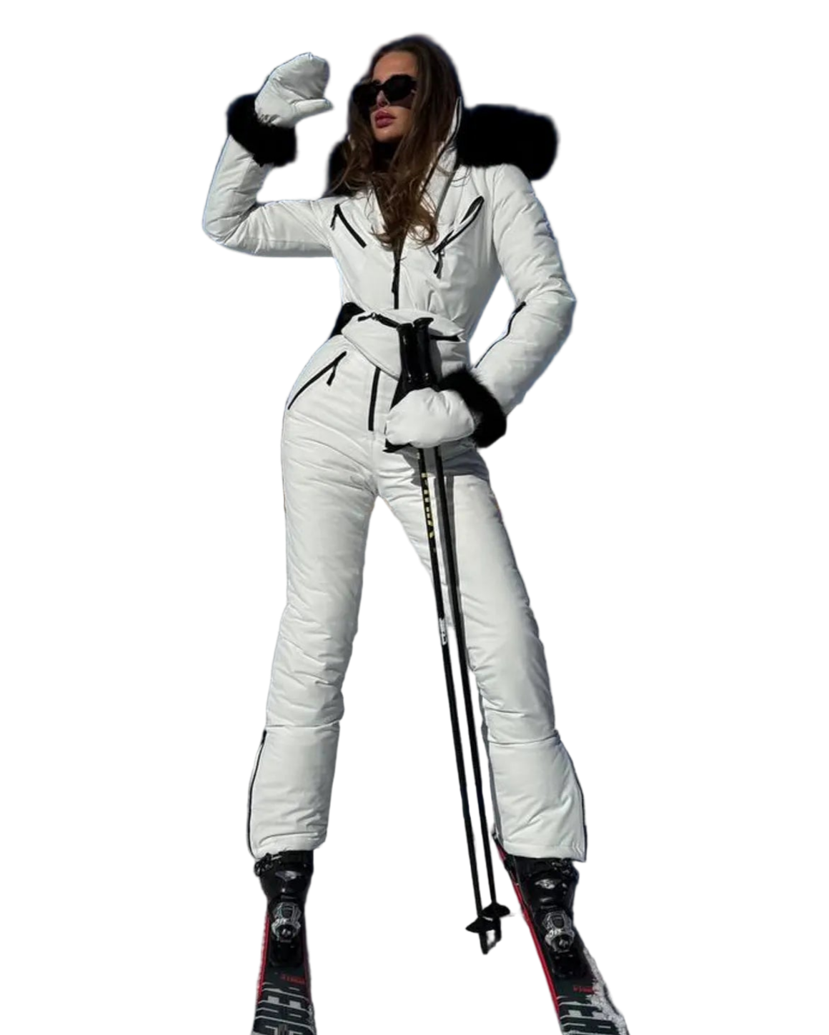 White Women And Kids Ski Jumpsuit with Belt Mittens and Bag Insulated Winter Snow Suit