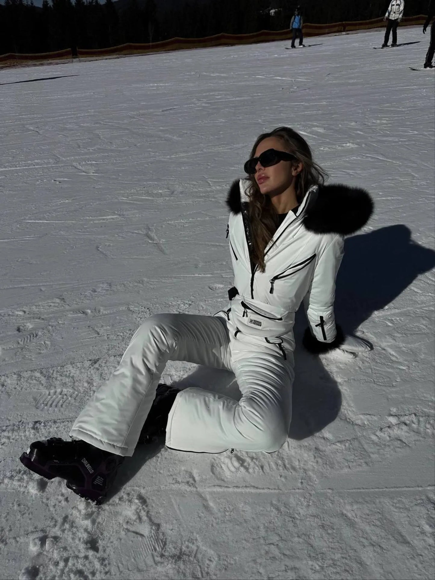 White Women And Kids Ski Jumpsuit with Belt Mittens and Bag Insulated Winter Snow Suit