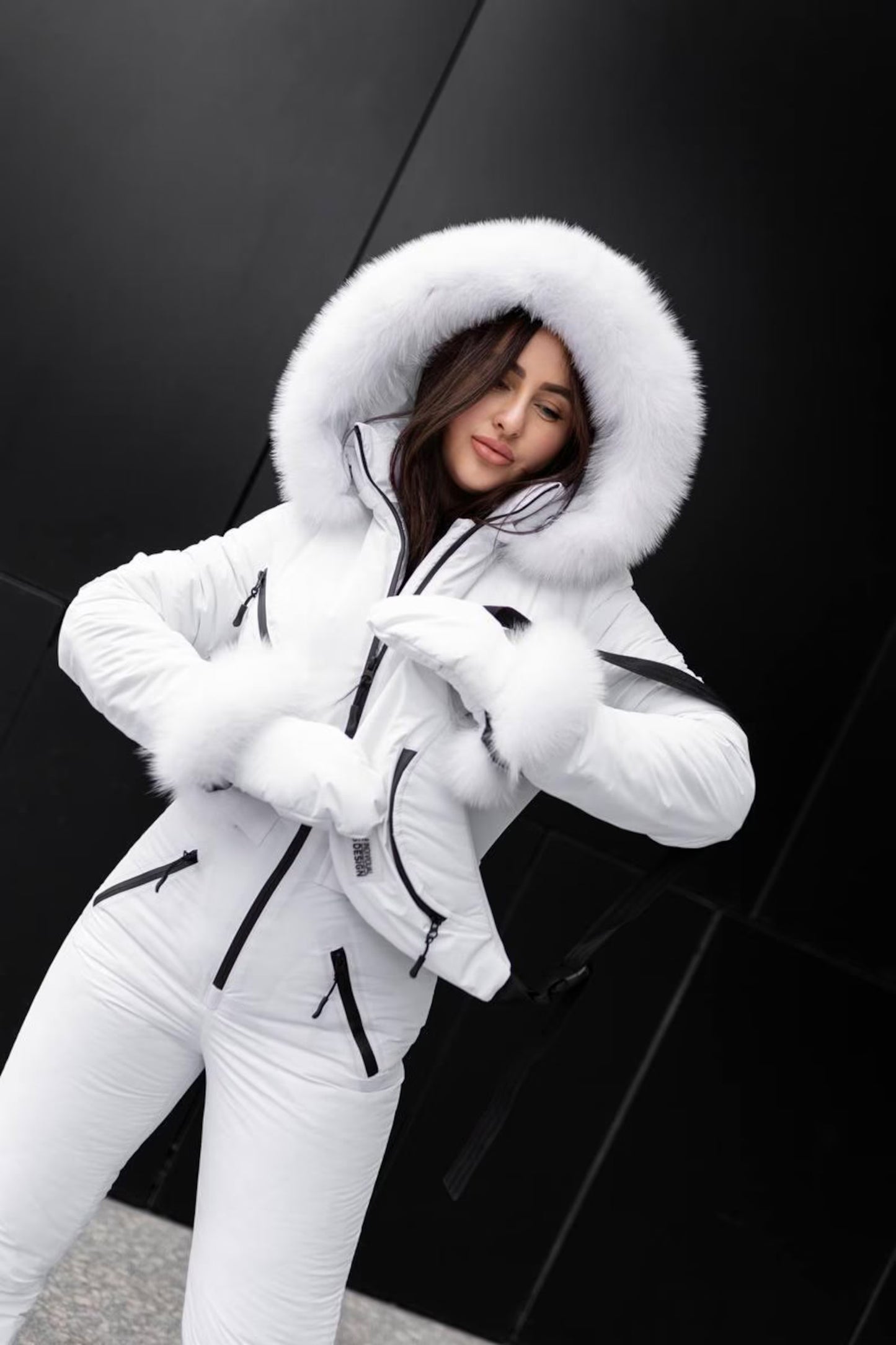 White Women And Kids Ski Jumpsuit with Belt Mittens and Bag Insulated Winter Snow Suit
