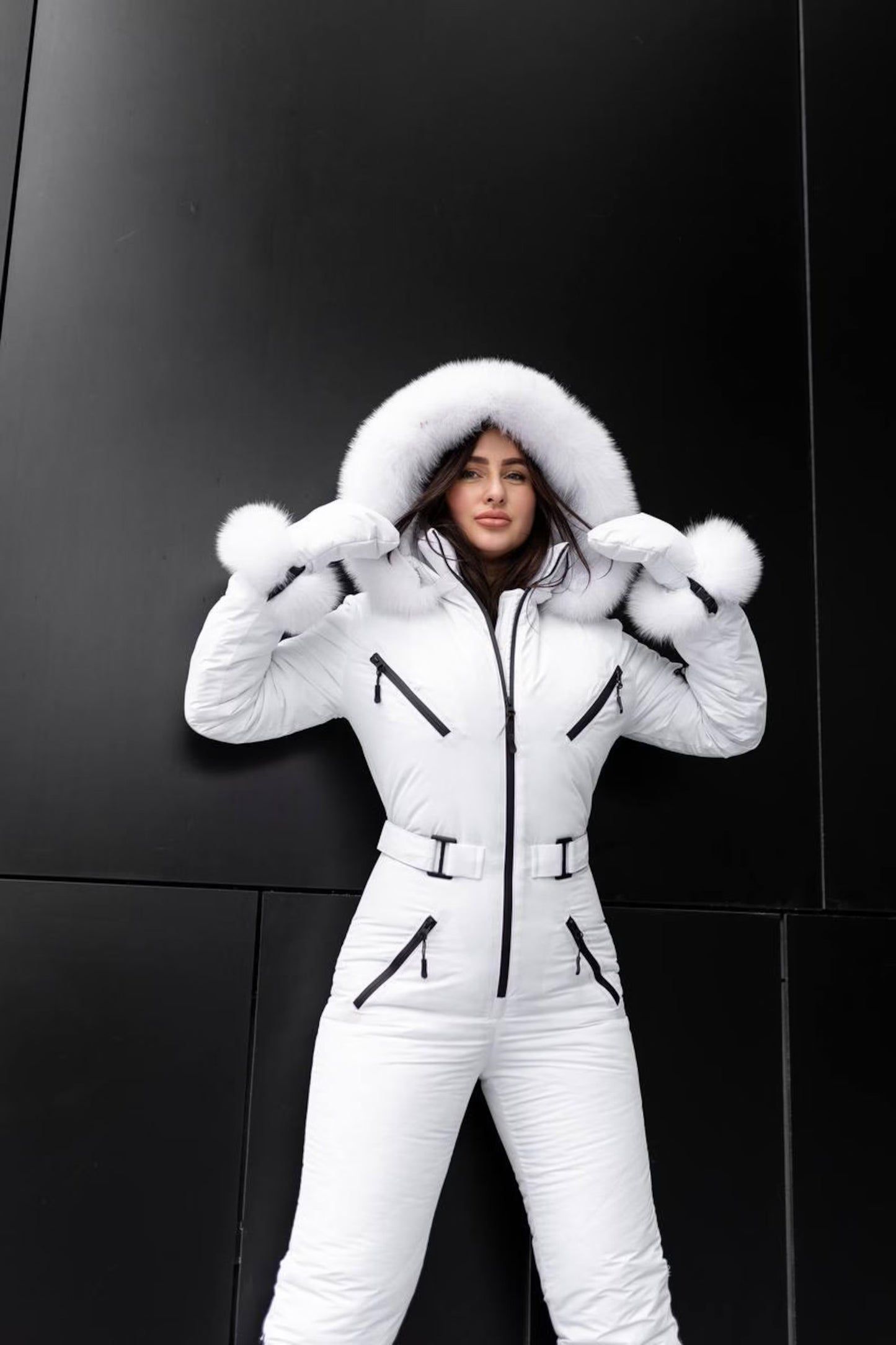 White Women And Kids Ski Jumpsuit with Belt Mittens and Bag Insulated Winter Snow Suit